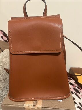 Zara Cognac Leather Backpack with Contrast Stitching